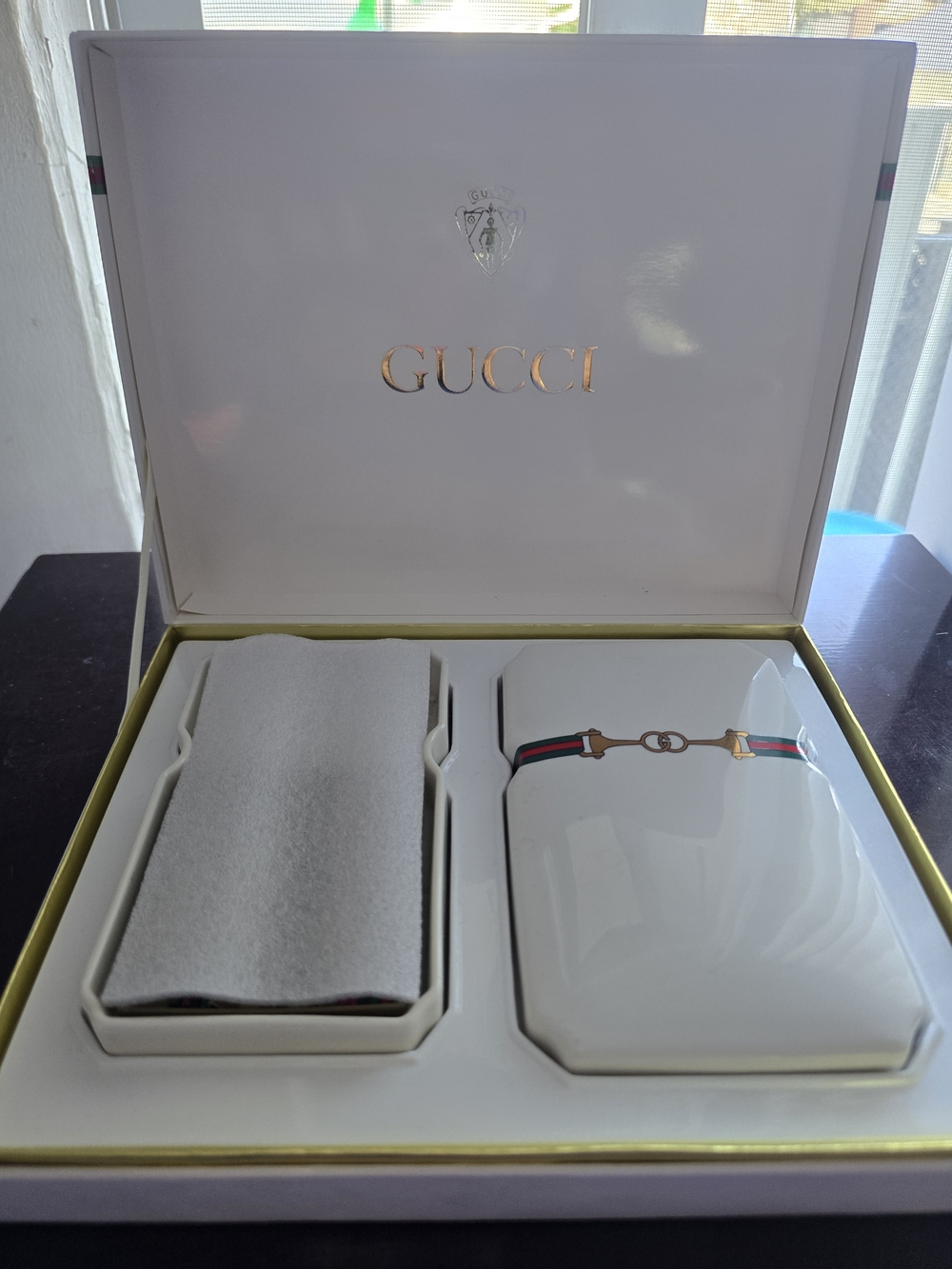 Gucci White Porcelain Cuff Link Set with Green-Red Web Stripe - Picture 4 of 5